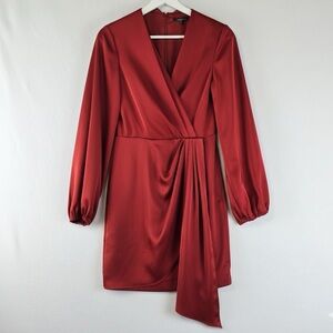 Alex Marie Iris Faux Wrap Dress Draped Sash Satin Crepe A-Line Red Party size 14